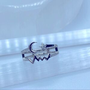Crescent Moon And Star Sterling Silver CZ Ring Size 6,7,8